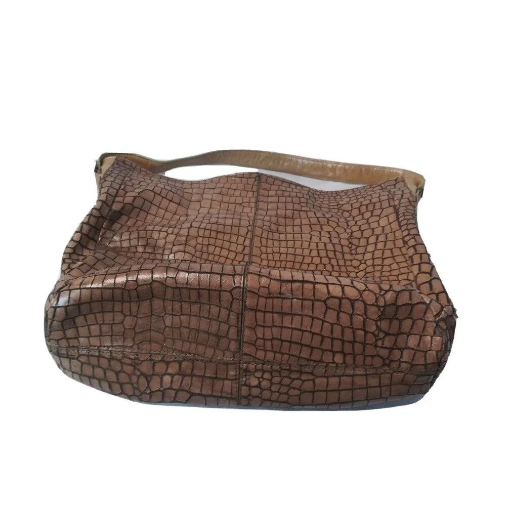 Vintage Donald J Pliner Leather Hobo Shoulder Bag Croc Embossed Tan Retail $275